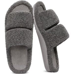 Women's Grey Fuzzy House Slippers with Moderate Arch Support Open Toe Cozy